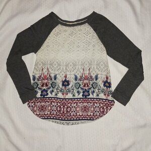 Rewind Womens Top Multicolor Baseball Style Gray Ivory Print Raglan - Small